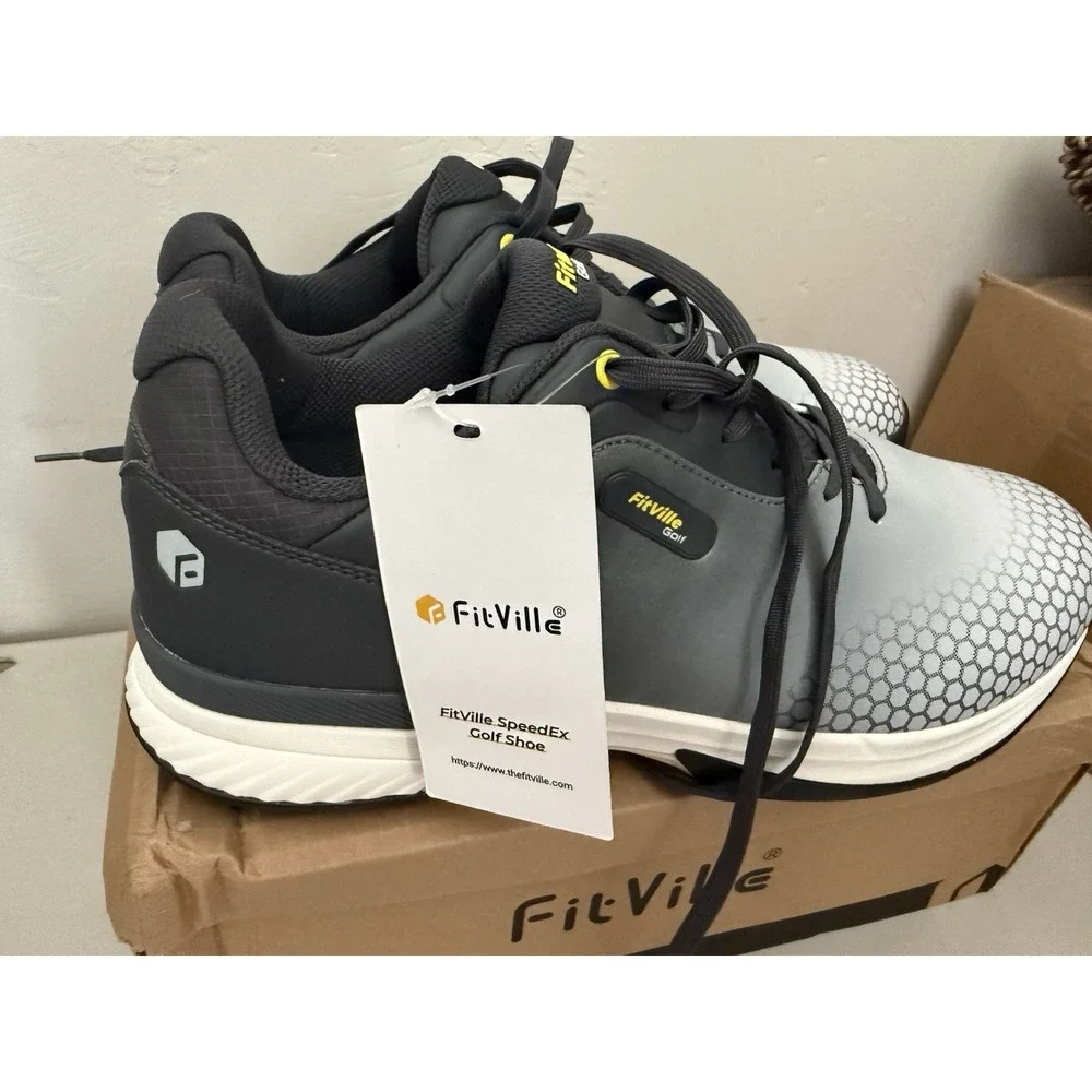 FitVille Men's Golf Shoes Professional Outdoor Waterproof Spiked Shoe Grey/White